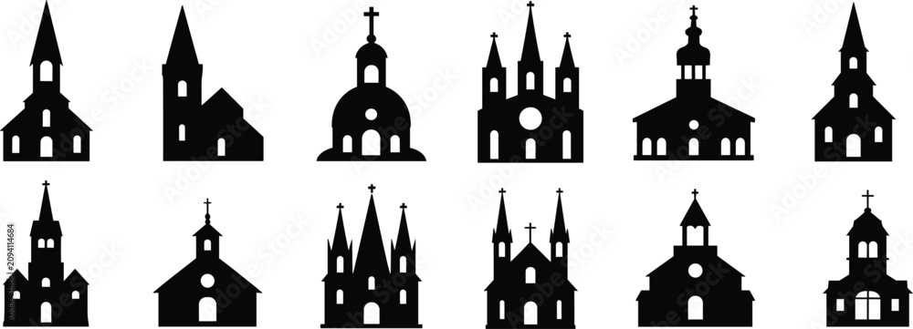 Naklejka premium Collection of Black Silhouettes of Various Church Buildings with Steeples and Crosses architecture religion