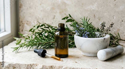 Rosemary sprigs surround a glass bottle of essential oil with a separate pipette resting on a stone surface.