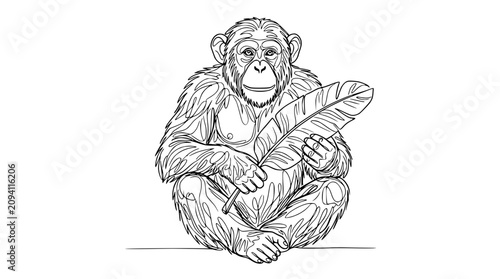 Slika na platnu Chimpanzee Sitting Holding Feather, Line Art Drawing, Black and White, Isolated