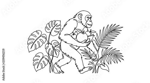 Photography Chimpanzee Carrying Apples in Tropical Jungle Leaves, Minimalist Line Art