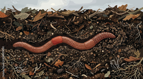Photos Earthworm Burrowing Through Rich Soil Ecosystem with Roots and Organic Debris, I