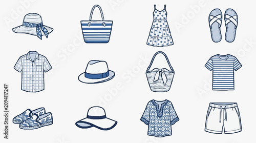 Tableau sur toile Clean Minimalist Sketches of Summer Beachwear and Accessories in Blue White and