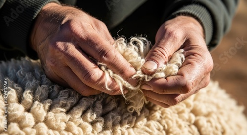 Hands working with raw wool fibers.
