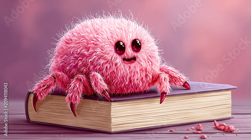 Cute fluffy pink monster creature sitting on top of an old book with creature, imagination