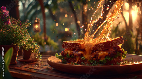 Gourmet grilled cheese sandwich with liquid gold melted cheese dripping on wooden table