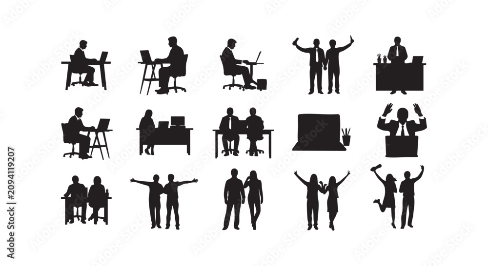 Obraz premium Set of black and white business and office themed people icons in various poses on a white background.