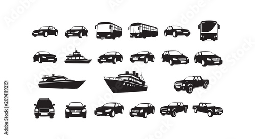 Set of black and white detailed transportation icons featuring various cars, buses, ships, and trucks on a white background.