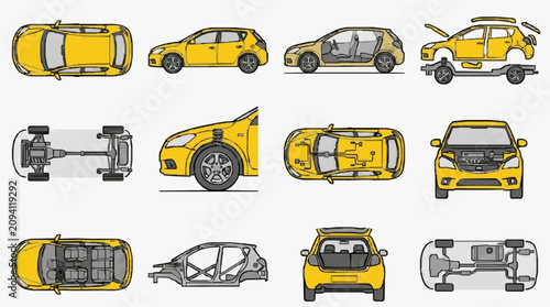 Clean Yellow Hatchback Car Exploded View Diagram with Multiple Angles and Internal Components with high quality professional line art symbols for modern creative design and digital branding projects