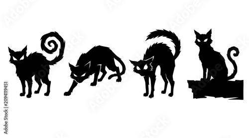Bild auf Leinwand Set of Spooky Cursed Black Cat Silhouettes in Various Poses with Glowing Eyes on
