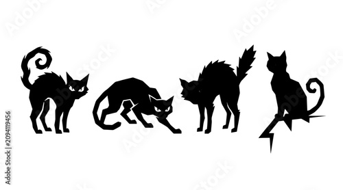 Foto Set of spooky cursed black cat silhouettes in various aggressive poses on a clea