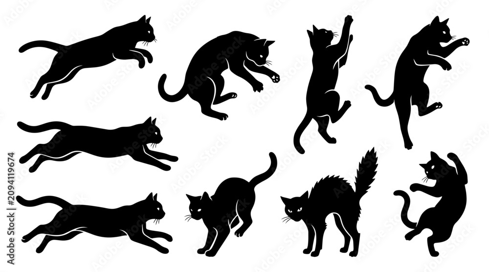 Obraz premium Black Cat Silhouettes Jumping and Playing in Various Dynamic Poses Isolated on a White Background