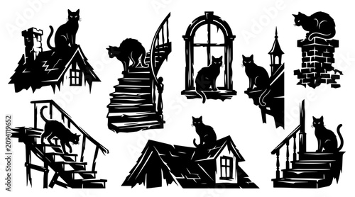 Black cat silhouettes on rooftops and staircases in a minimalist graphic vector illustration style