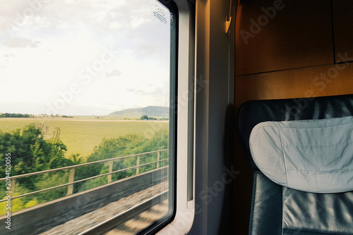 Peaceful Green Countryside Fields Viewed from a Train Window Seat