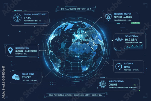 global network connectivity concept with digital globe and data metrics for cybersecurity and analytics