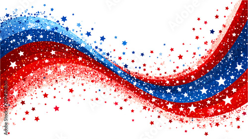 Abstract patriotic background with wavy red and blue lines and scattered stars, patriotic