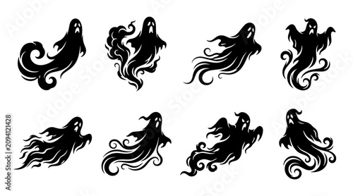 Collection of Halloween ghost silhouettes featuring spooky floating spirits in a minimalist flat style
