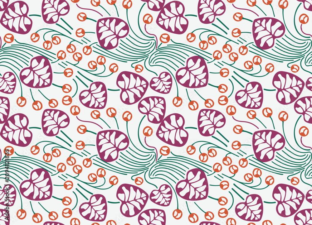 Naklejka premium Vintage Art Nouveau seamless pattern. Bright wallpaper design with purple lily pads, green stems, and orange flower buds.
