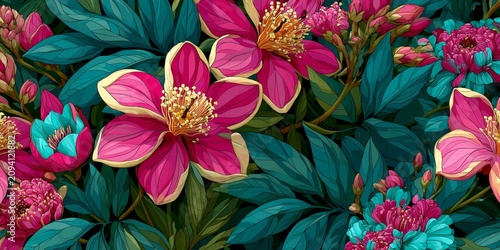 Flat Tropical Garden Pattern with Stained Glass Style Flowers