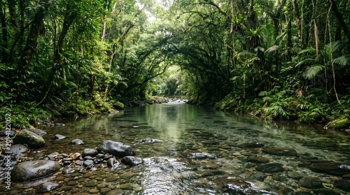 Crystal Clear Tropical Forest River Volcanic Rocks
Green Canopy Tunnel