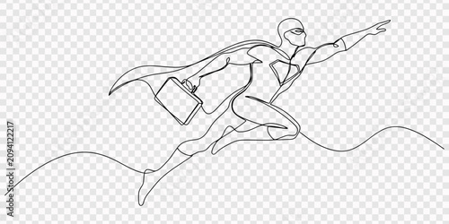 Fotografie a superhero in a dynamic flying pose with briefcases continuous line drawing, tr