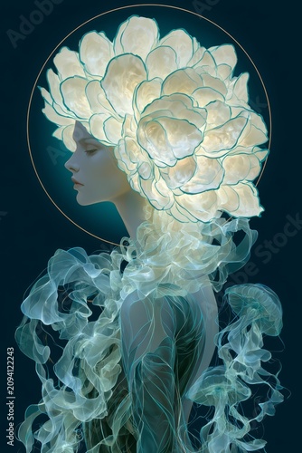 Woman Profile with Oyster Shell Hair and Jellyfish Tentacles