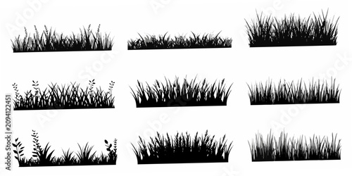 Black Silhouette Illustrations Of Grass And Foliage Arrangements