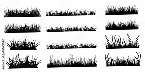 Black Silhouette Illustration Of Various Grass Types And Wildflowers