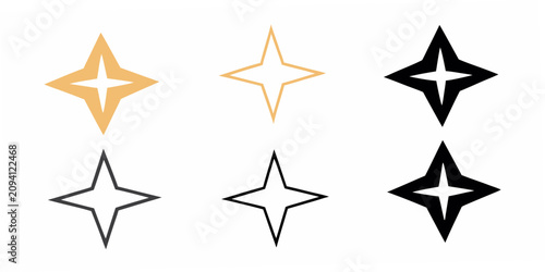 Five pointed star shapes in varying colors and outlines on a white background