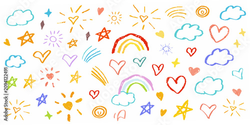 Colorful hand drawn suns hearts stars and rainbows pattern on white background