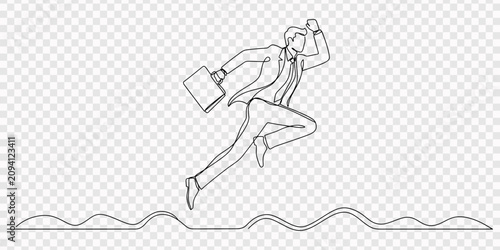 Fotografie Continuous line drawing of a man in a business suit jumping with a briefcase, transparent background, Success worker with office uniform jumping and joyful continuous one line drawing