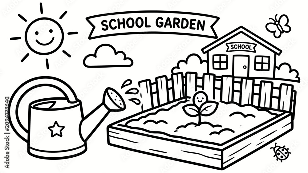 Naklejka premium school garden illustration with watering can and plant in raised bed for educational materials