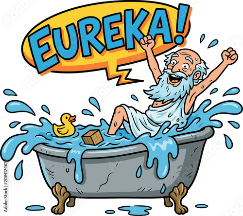 Obraz na plátně Archimedes Cartoon Character Cheering in Splashing Bathtub with Rubber Duck and