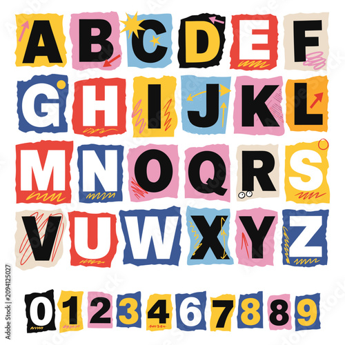 Ransom note alphabet and numbers set, colorful torn paper collage letters, vintage punk style typography vector for creative posters