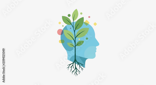 A blue human head with a green plant growing out of it surrounded by colorful dots.