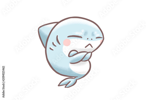 Cute Baby Shark Thinking with Folded Arms Cartoon Illustration