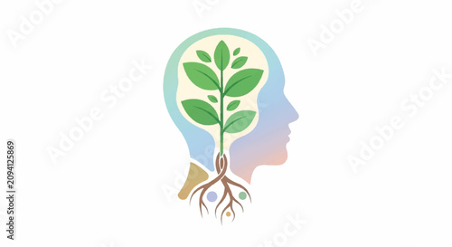 A person's head with a plant growing out of it in profile view
