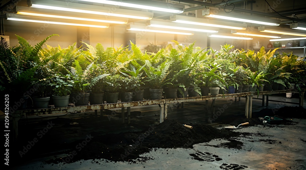 Fototapeta premium Rows of lush green ferns are meticulously arranged under artificial grow lights in a dimly lit indoor nursery, showcasing a vibrant horticultural display.