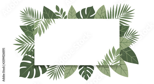 Tropical leaves frame for text, jungle foliage border, green botanical decoration