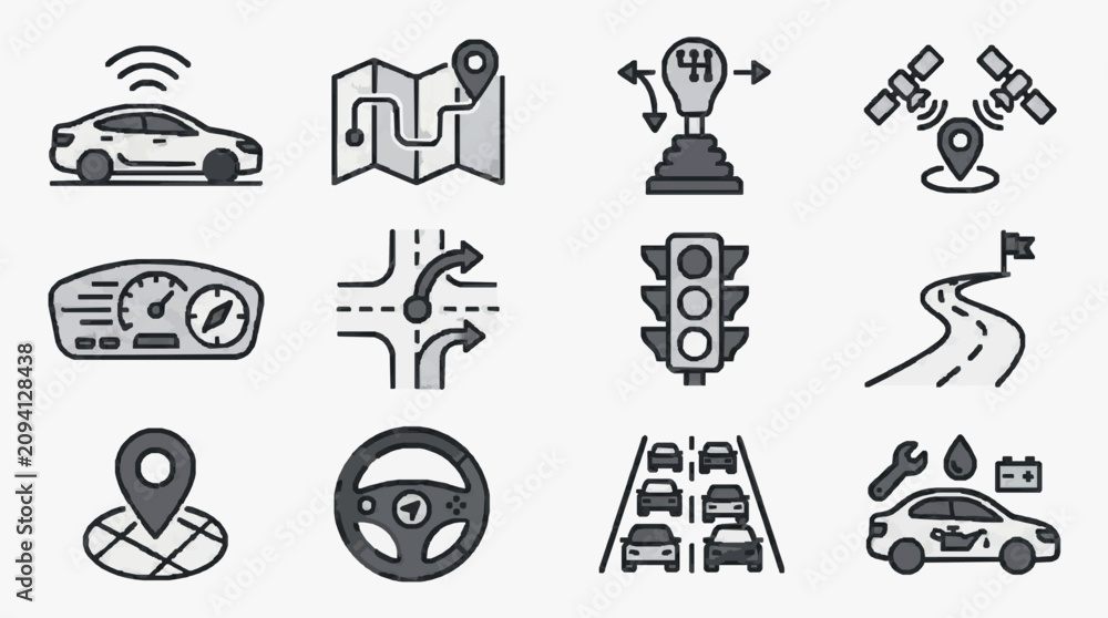 Fototapeta premium Corporate Icons Set Featuring Modern Car Technology Navigation Traffic and Maintenance Concepts in Monochrome