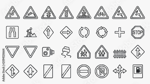 Tableau sur toile Elegant Black and White Minimalist Road Signs and Traffic Symbols Icon Set for D