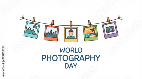 World Photography Day, photography icons, colorful frames, hanging pictures, celebration