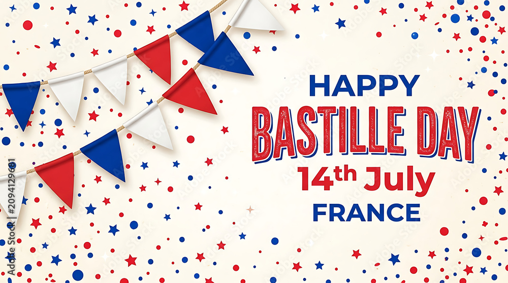 Fototapeta premium Happy bastille day greeting with bunting flags and confetti july 14th france