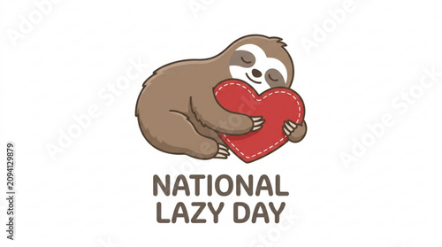 Cute sloth holding heart, lazy day icon, National Lazy Day vector, brown sloth illustration