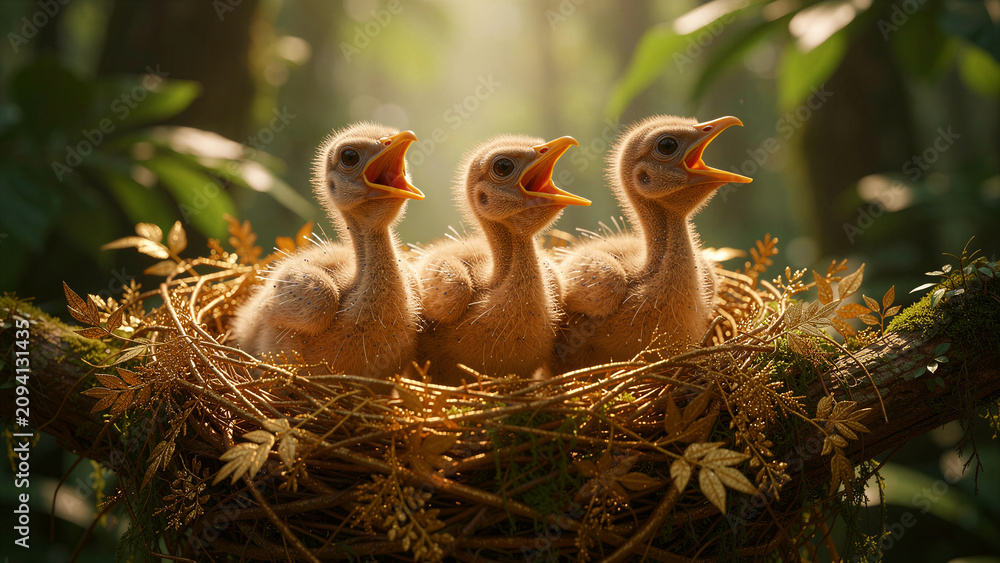 Obraz premium Three baby birds sitting in a nest with mouths wide open. Chicks chirping for food in a golden nest during sunrise. Nature nurture and growth concept for wildlife and environmental marketing.