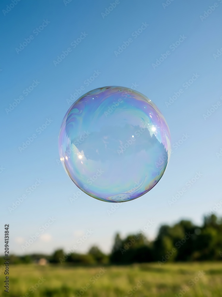 Obraz premium Large iridescent soap bubble floating in a clear blue sky