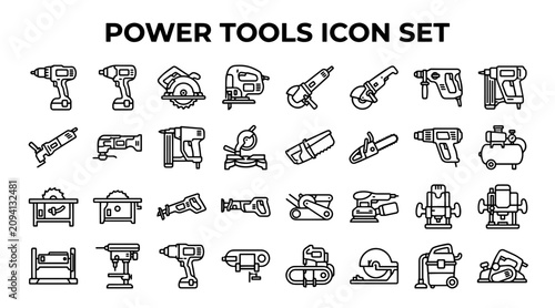 Collection of linear power tools icons featuring construction equipment in a minimalist outline style