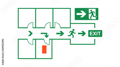 Emergency evacuation floor plan with green route arrows.