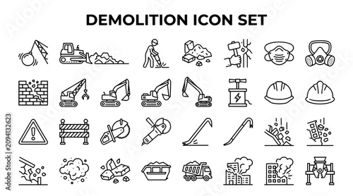 Canvastavla Collection of black and white demolition icon set featuring construction equipme