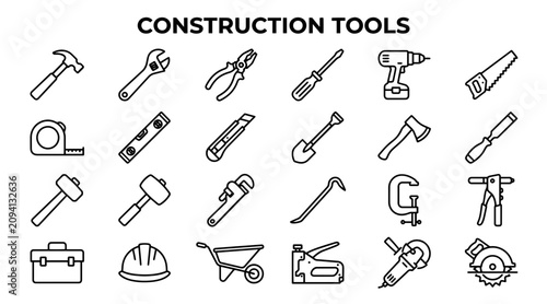 Collection of Construction Tools Icons Featuring Essential Hardware Equipment in Minimalist Line Style