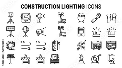 Obraz na plátně Collection of construction lighting icons featuring portable lamps and site equi